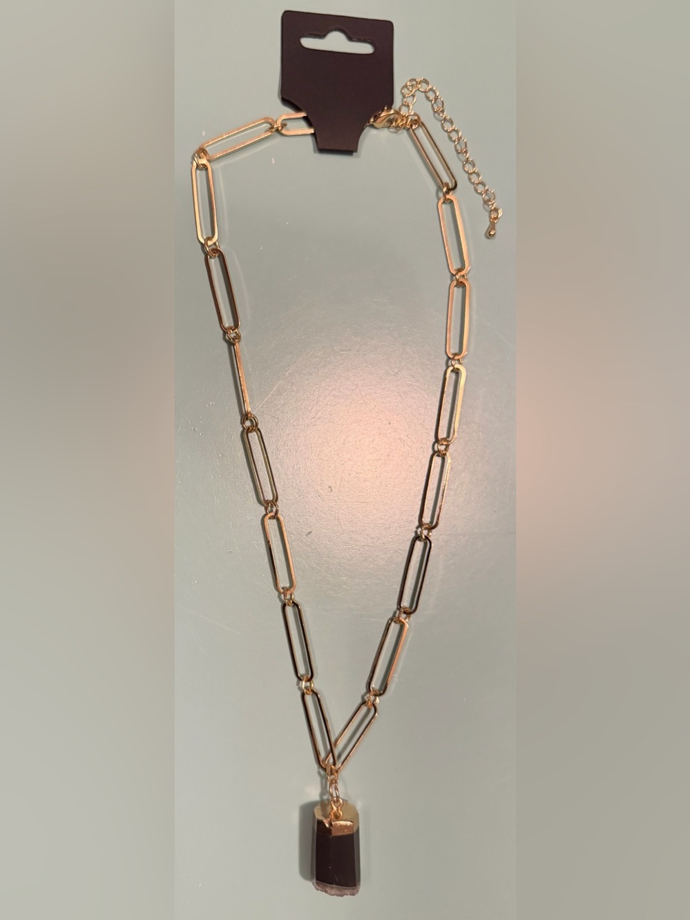 Gold-Link Paperclip Chain Necklace with Brown Crystal Pendant